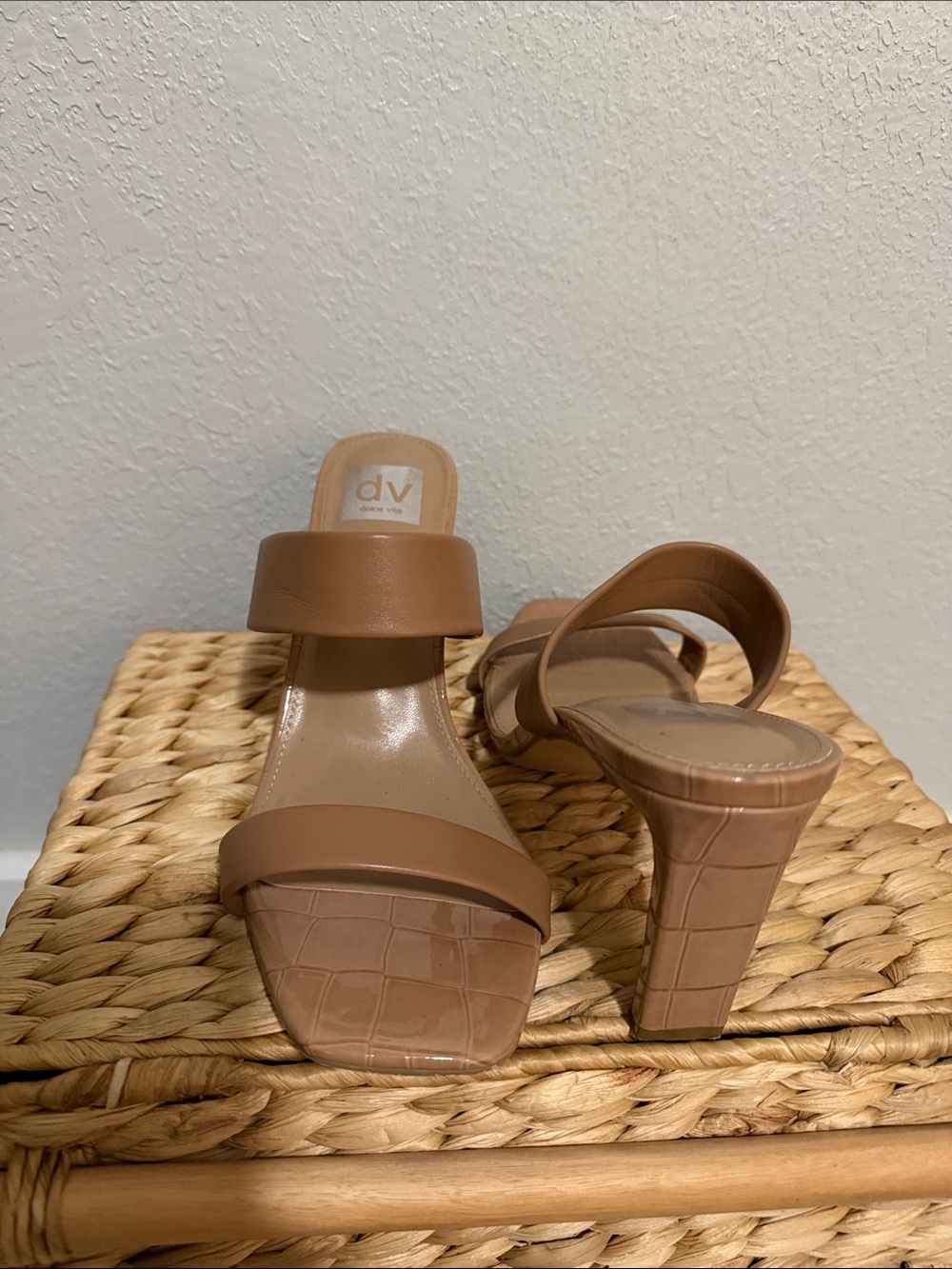 DV by Dolce Vita Brown Croc-Embossed Two-Band Block Heel Sandals